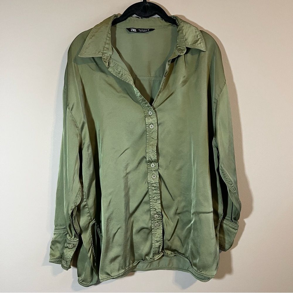 Zara Olive Green Satin Button-Down Shirt size L
